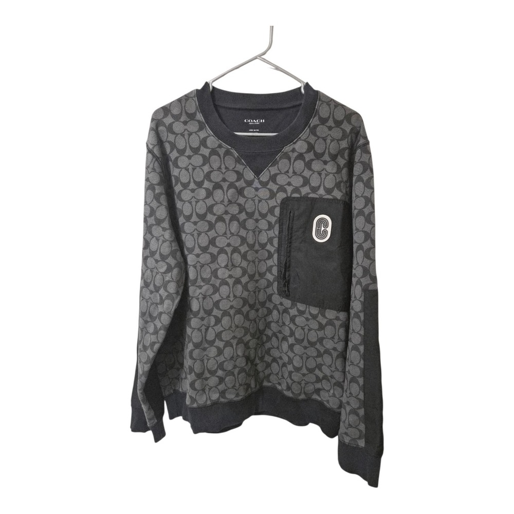 Coach 89748 Men's L Mixed Media Signature Sweatshirt Black Gray Logo Pocket